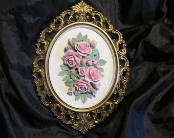 Gold Oval WALL DECOR, Pink Roses, Ornate Frame, Shabby Chic, Cottage, Victorian, Romantic Home