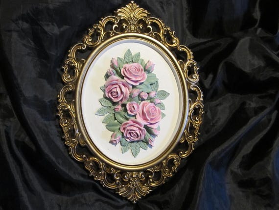 Gold Oval WALL DECOR, Pink Roses, Ornate Frame, Shabby Chic, Cottage, Victorian, Romantic Home