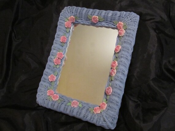 Blue Wicker WALL MIRROR Wall Decor, Added Pink Molded Roses, Shabby Chic Decor, Cottage Decor, Sunroom Decor, Romantic Home Decor