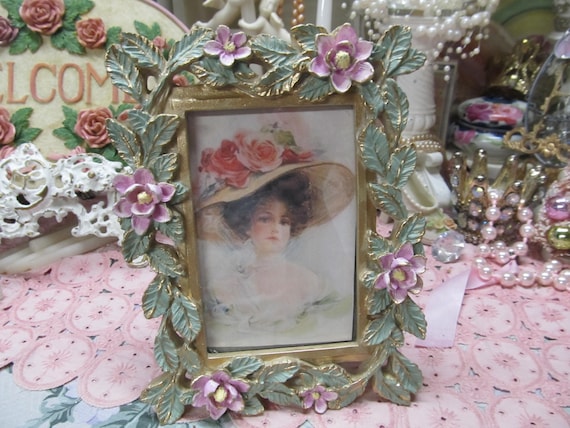 Pink Floral PHOTO FRAME, 4" x 6" Photo, Thick Resin, Hand Painted, Shabby Chic, Cottage, Floral Frame, Pink Floral Decor