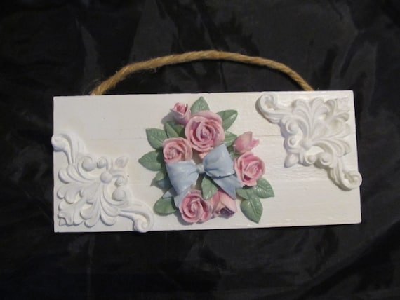 White WALL DECOR with Molded Pink Roses, Ornate Designs, Wood, Shabby Chic, Cottage Decor, Frame or Door Topper,  Home Decor, Chic