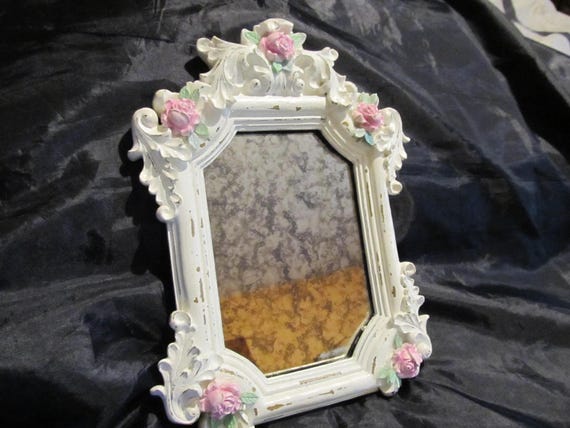White Ornate TABLETOP Smoky MIRROR,  Distressed, Pink Roses, Resin, Hand Painted, Shabby Chic, Cottage