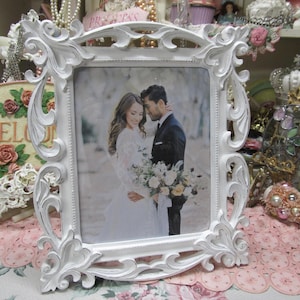 Large White Ornate Photo Frame, 8x10 Photo, Hand Painted, Distressed, Heavy Resin, Shabby Chic, Cottage, Victorian, Wedding Frame Decor