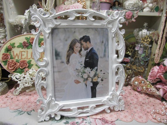 Large White Ornate Photo Frame, 8x10 Photo, Hand Painted, Distressed, Heavy Resin, Shabby Chic, Cottage, Victorian, Wedding Frame Decor