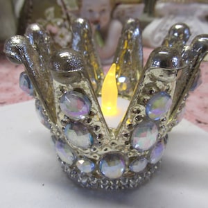 Mercury Glass CROWN Votive CANDLEHOLDER w. LED Battery Candle, Oval Rhinestones on Side, Shabby Chic, French Crown, Cottage, Crown Collector
