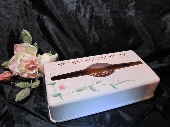 Vintage TISSUE BOX COVER, Pink, Metal, Hand Painted Rosebud, Shabby Chic, Cottage, Floral, Pink Rose Decor, Home Decor, Victorian