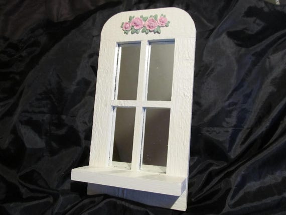 White Window WALL MIRROR Shelf Decor, Pink Roses, Rough Wood, Cottage, Victorian, Shabby Chic