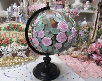 GLOBE With Hand Made Pink ROSES, Metal, Revolving, One of a Kind, Shabby Chic, Cottage, Floral Globe, Victorian, Old World, Eclectic Chic