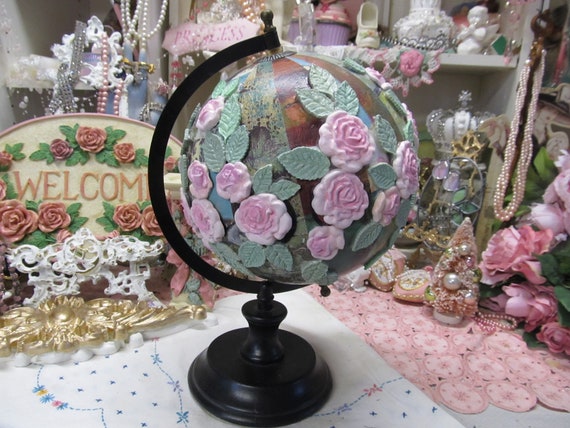 GLOBE With Hand Made Pink ROSES, Metal, Revolving, One of a Kind, Shabby Chic, Cottage, Floral Globe, Victorian, Old World, Eclectic Chic