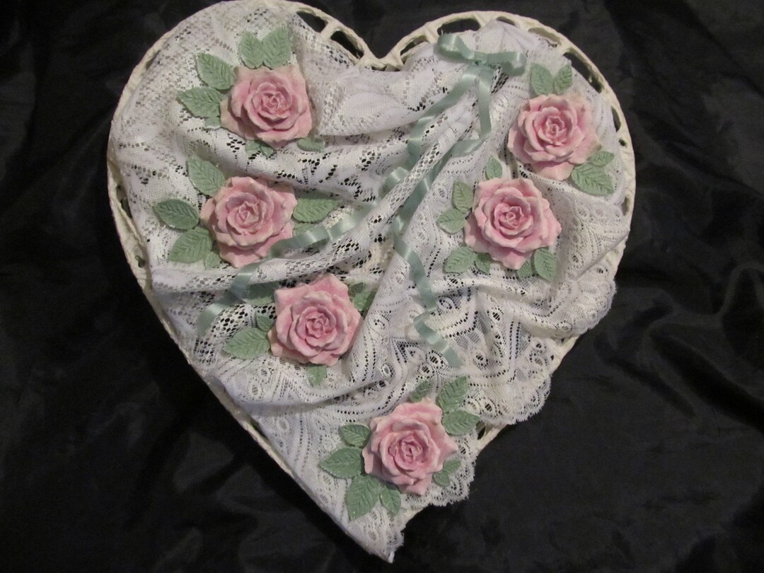Heart WALL DECOR, Added Pink Molded Roses Over Stiffy Lace, Shabby Chic ...