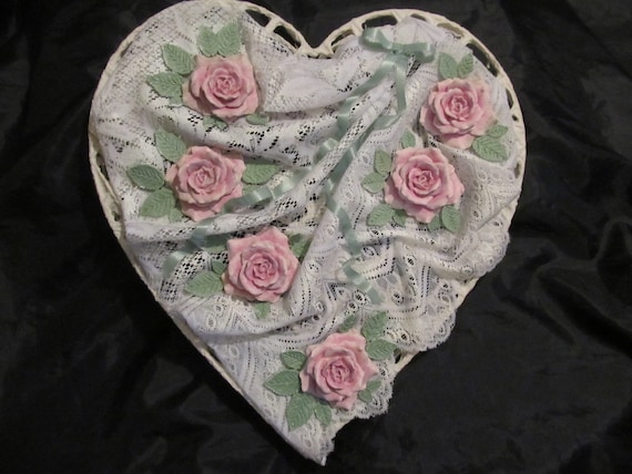 Heart WALL DECOR, Added Pink Molded Roses Over Stiffy Lace, Shabby Chic Decor, Cottage Decor, Victorian, Valentine, Pink Rose Decor