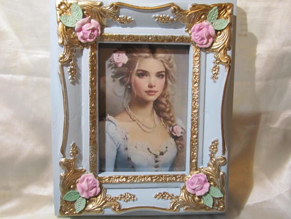 PHOTO FRAME, Pastel Blue, Gold Ornate Details, Pink Roses, Hand Molded, 5"X7" Photo, Shabby Chic Decor, Cottage Chic, Romantic Home Decor