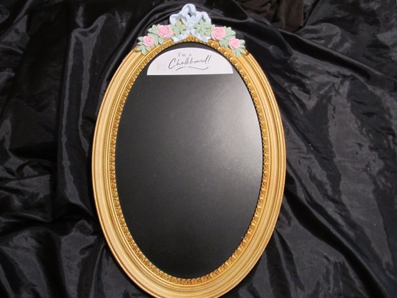 Gold Oval Frame on CHALKBOARD, Pink Roses on Top, Resin, Oval Shape, Shabby Chic, Cottage, Pink Rose Decor, Romantic Home Decor
