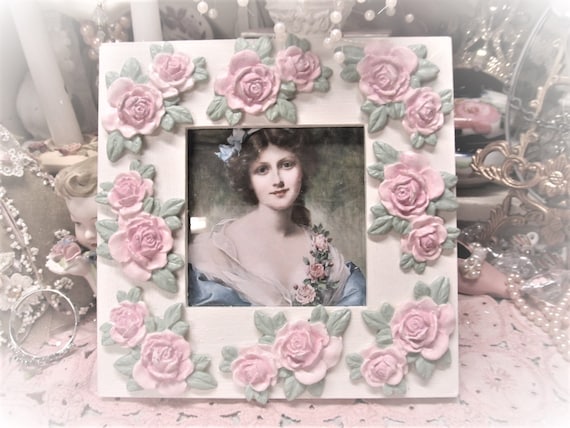 White PHOTO FRAME, Square Frame, Added Pink Roses, Wood, 4" x 4" photo, Shabby Chic, Cottage, Victorian, Pink Rose Decor