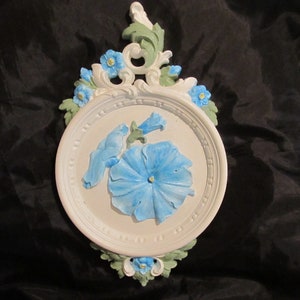 Blue Morning Glory WALL DECOR, Wall Plaque,  Resin, Hand Painted, Shabby Chic, Cottage, Blue Room Decor, Victorian, Romantic Home