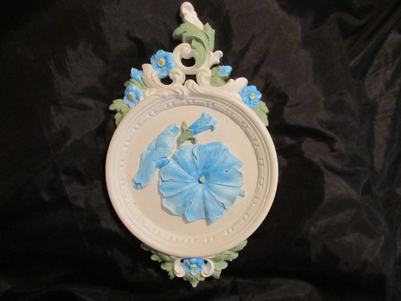 Blue Morning Glory WALL DECOR, Wall Plaque,  Resin, Hand Painted, Shabby Chic, Cottage, Blue Room Decor, Victorian, Romantic Home