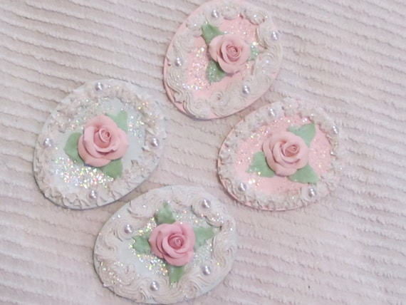 4 Faux Decorated EASTER EGG COOKIES, Pink & Blue Oval Wood Shapes, Pink Roses, Glittered,Easter Decor, Cottage Chic Decor, Shabby Chic Decor