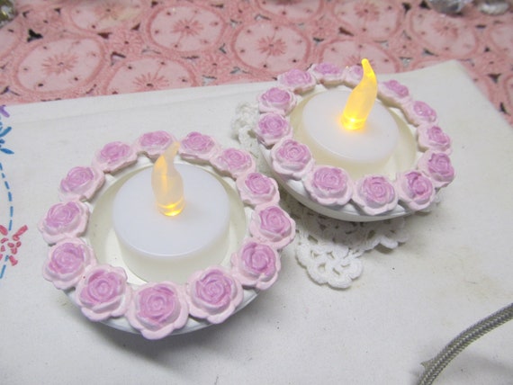 Set of 2 Tea LIGHT CANDLEHOLDERS, Rimmed Pink Roses, 2 LED Tea Lights, Hand Molded, Hand Painted, Shabby Chic, Cottage, Pink Rose Decor,