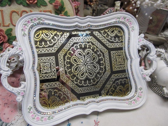 White Mirrored Vanity Tray with Pink Florals & Embellished with Borealis Swarovski Crystals~Shabby Chic~Cottage Decor~ Romantic Home Decor