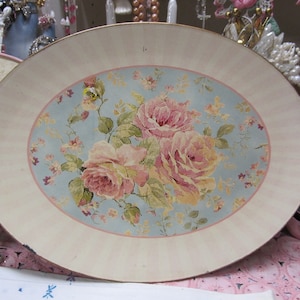 Vintage Oval Platter WALL DECOR, Pink Roses, Natural Distressing, Thick Resi Plastic, Shabby Chic, Cottage, Victorian, Pink Rose Decor