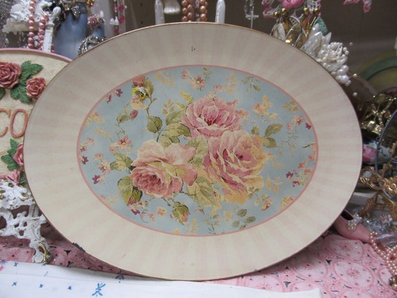 Vintage Oval Platter WALL DECOR, Pink Roses, Natural Distressing, Thick Resi Plastic, Shabby Chic, Cottage, Victorian, Pink Rose Decor