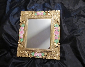 Gold WALL MIRROR Wall Decor, with Added Pink Molded Roses, Carved Wood, Shabby Chic, Victorian, French, Cottage, Pink Rose Decor