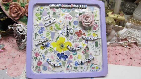 Mosaic Collage WALL DECOR with Word Beads and Ceramic Rose, Lavender Wood Base, Shabby Chic, Cottage, Nursery, Childs Room Decor