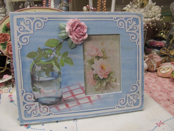 Pastel Blue PHOTO FRAME Added Pink Rose, 4"x6" Photo, Shabby Chic Patina, Cottage, Farmhouse Country, Cabbage Rose, Home Decor, Floral frame
