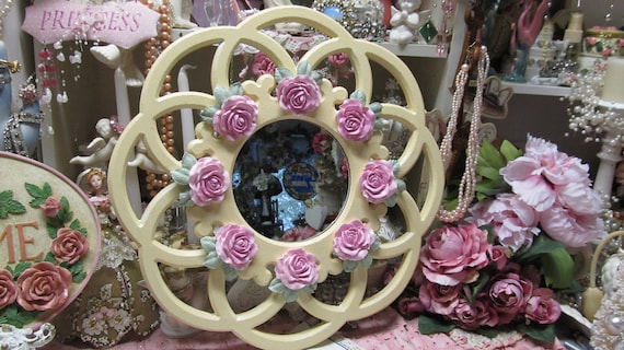 Ivory Round Wooden WALL MIRROR Wall Decor, Added 8 Pink Molded Roses, Hand Painted, Shabby Chic, Cottage, Victorian, Romantic Home Decor