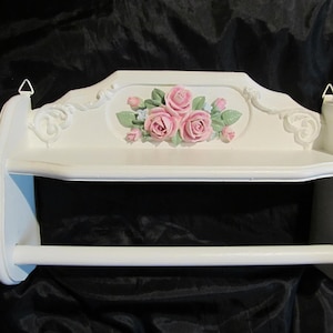 White Towel Rack, Wall SHELF, Pink Roses & Ornate Designs, Wood, Wall Decor, Shabby Chic, Cottage, Pink Rose Decor, Romantic Home Decor