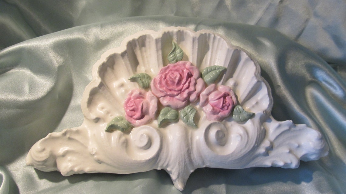 White Ornate Pediment With Pink Roses~wall Decor~plaster, Handmade ...