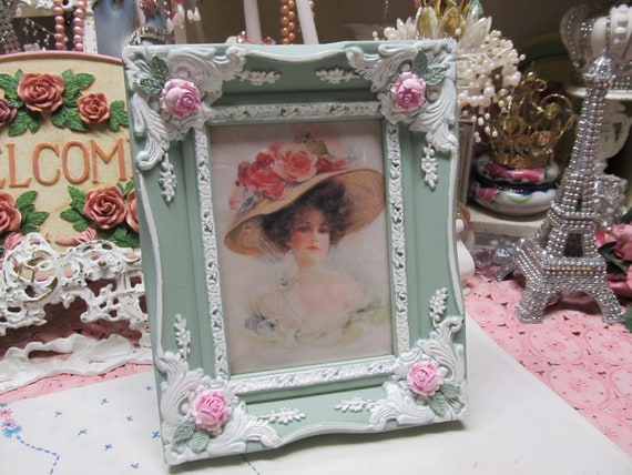 Green & White Ornate PHOTO FRAME, with Roses, Tabletop or Wall Decor, Resin, 5”x7” Photo, Shabby Chic, Cottage, Romantic Home Decor