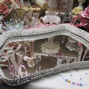 Shabby Chic Vintage VANITY TRAY, White, Metal, Mirrored Dresser Tray, Shabby Chic, Cottage Decor, Victorian, Romantic Home Decor