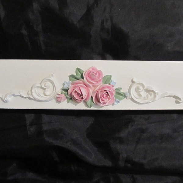 White WALL DECOR with Molded Pink Roses, Ornate Designs, Pressed Wood, Shabby Chic, Cottage Decor, Frame or Door Topper,  Home Decor, Chic