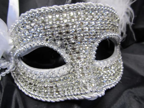 Set-In Rhinestone Covered Masquerade Mask, White Feathers, Ribbon Rose, Iridescent Rhinestones, Long Drop Beads, Costume, Bling, Sparkle!