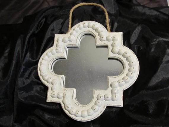 White WALL MIRROR Decor, Distressed, Jute Hanger, Shabby Chic, Cottage