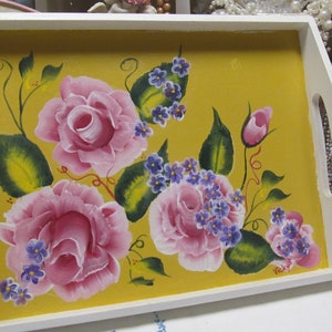 White Wooden TRAY, Features Colorful Hand Painted Pink Roses & Purple Florals, Shabby Chic, Cottage, Romantic Home Decor, Victorian Decor