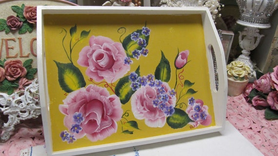 White Wooden TRAY, Features Colorful Hand Painted Pink Roses & Purple Florals, Shabby Chic, Cottage, Romantic Home Decor, Victorian Decor