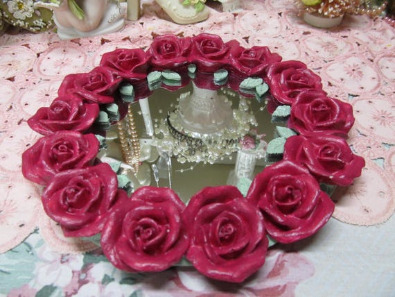 Red Rose CANDLE PLATE/ Vanity Tray with Mirror, Hand Molded and Painted, Shabby Chic, Victorian, Cottage, Home Decor