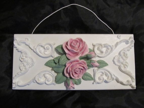 White WALL DECOR with Molded Pink Roses, Ornate Designs, Wood, Shabby Chic, Cottage Decor, Frame or Door Topper,  Home Decor, Chic