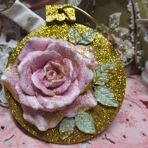 Pink Rose Christmas TREE ORNAMENT, Hand Molded, Hand Painted, Wood, Gold Glitter, Shabby Chic, Cottage, Pink Rose Christmas Decor