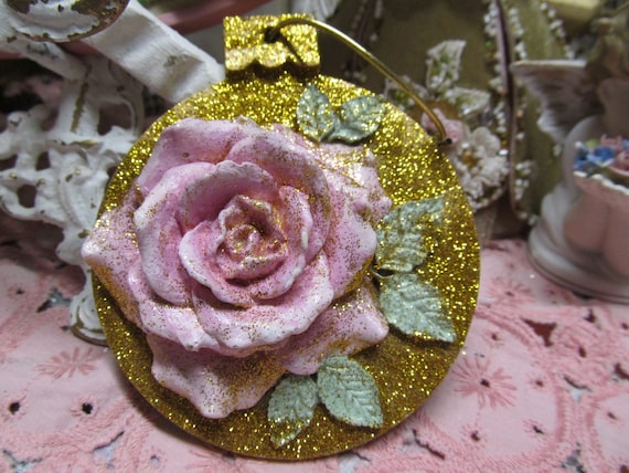 Pink Rose Christmas TREE ORNAMENT, Hand Molded, Hand Painted, Wood, Gold Glitter, Shabby Chic, Cottage, Pink Rose Christmas Decor