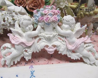 White CHERUB PEDIMENT, Pink Rose Basket, Hand Molded, Painted, Topper, Shabby Chic, Cottage, Putti