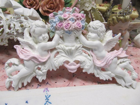 White CHERUB PEDIMENT, Pink Rose Basket, Hand Molded, Painted, Topper, Shabby Chic, Cottage, Putti
