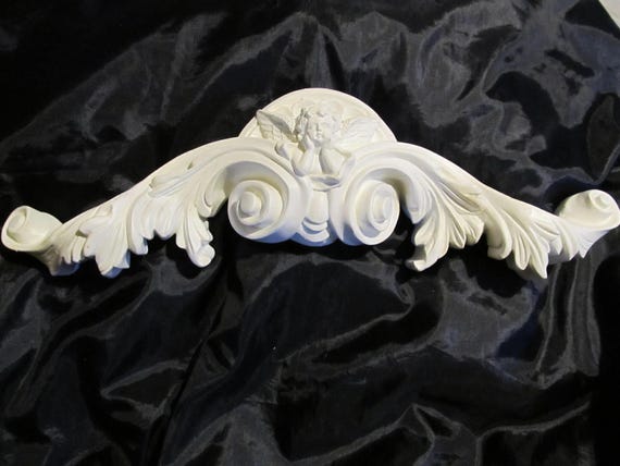 White Cherub Ornate WALL PEDIMENT, Resin, Hand Painted, Door-Frame Topper, Cottage, Shabby Chic, Putti