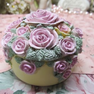 Pink Rose Trinket Box, Resin, Oval, Hand Painted, Shabby Chic, Floral, Cottage, Victorian, Vanity Decor, Dresser Decor, Jewelry Storage