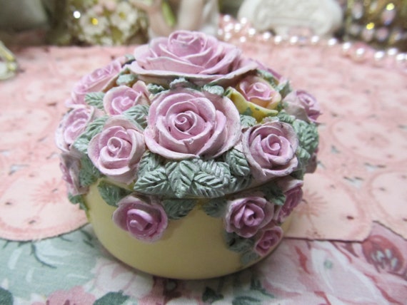 Pink Rose Trinket Box, Resin, Oval, Hand Painted, Shabby Chic, Floral, Cottage, Victorian, Vanity Decor, Dresser Decor, Jewelry Storage