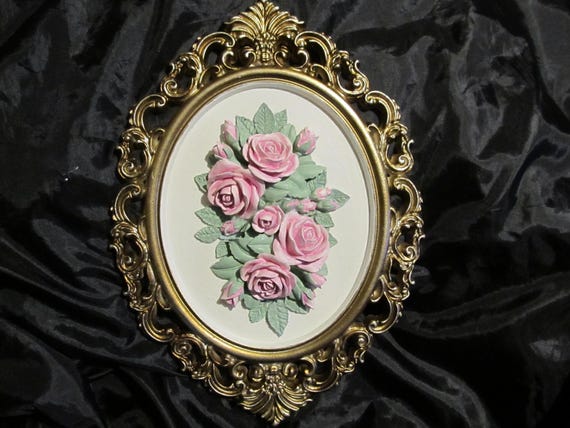 Gold Oval WALL DECOR, Pink Roses, Ornate Frame, Shabby Chic, Cottage, Victorian, Romantic Home