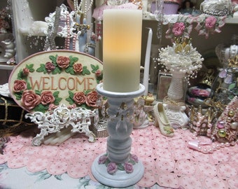 Whitewashed PILLAR CANDELHOLDER, Hand Painted, Added 28 Crystals, Wood, Added Pink Roses, LED Candle Included, Shabby Chic, Cottage