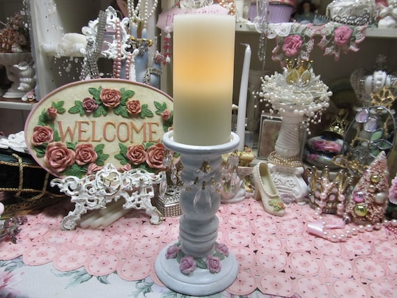 Whitewashed PILLAR CANDELHOLDER, Hand Painted, Added 28 Crystals, Wood, Added Pink Roses, LED Candle Included, Shabby Chic, Cottage